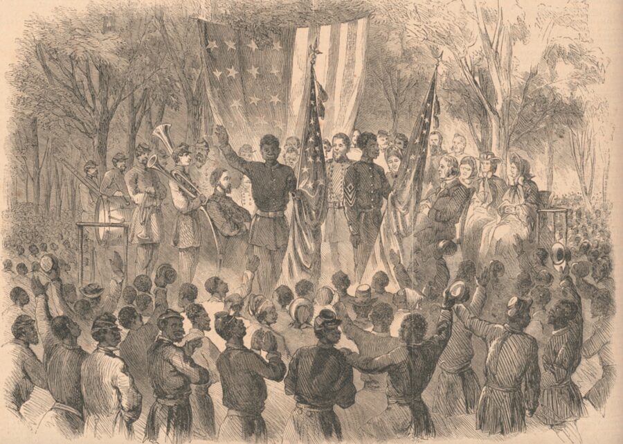 In this illustration from Frank Leslie's Illustrated Newspaper, members of the 1st South Carolina Infantry's color guard address a crowd of African Americans after a reading of the Emancipation Proclamation on January 1, 1863.