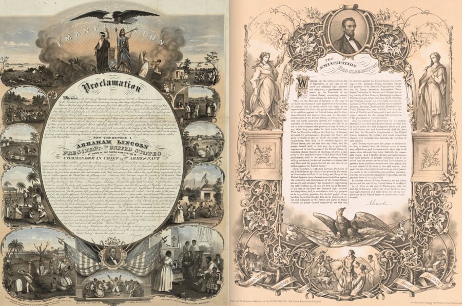 In the months that followed the issuance of the Emancipation Proclamation, numerous publishers created elaborate prints to commorate the event, including these from 1864 (left) and 1863.