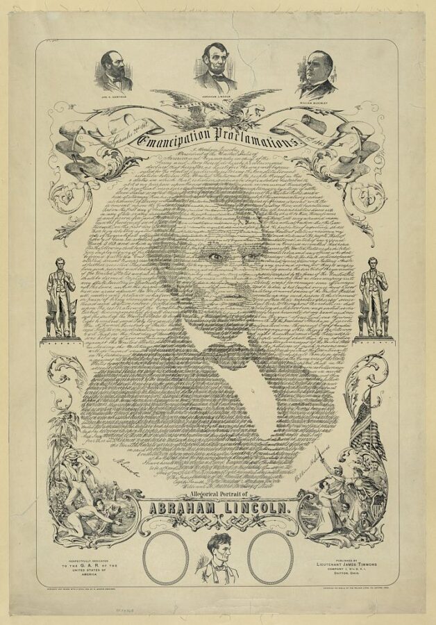 Among the more elaborate commemorative prints was this one, published after the war, in which the proclamation's words were used to create a portrait of Lincoln.
