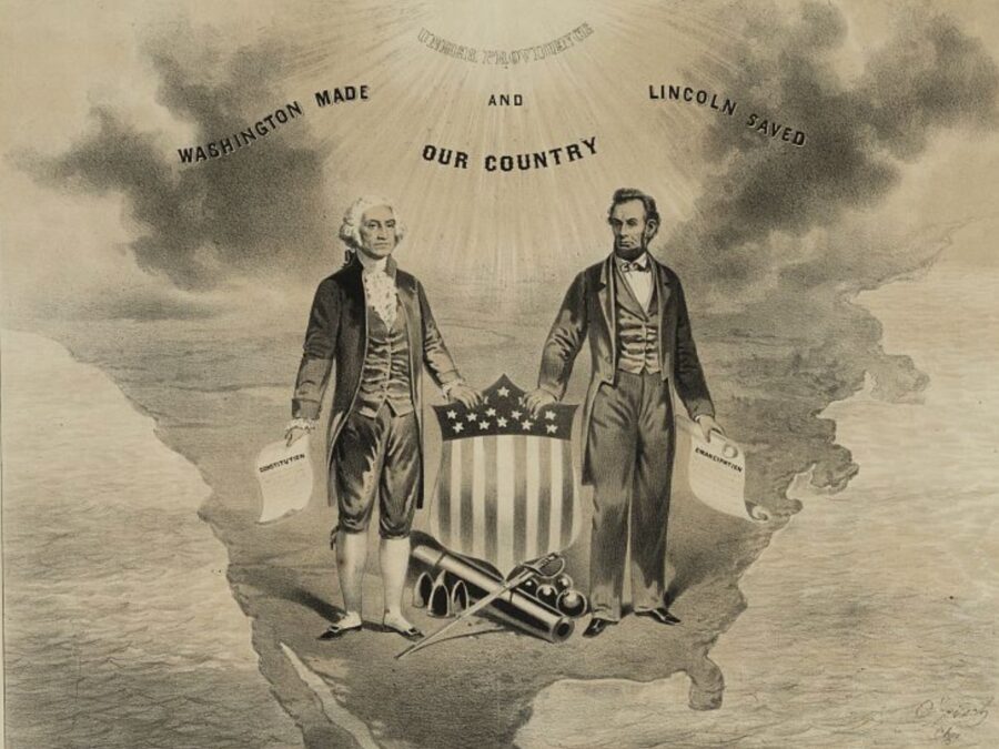 To many Americans, Lincoln's presidency was linked to the Emancipation Proclamation. In this 1865 print, published not long after Lincoln's assassination, George Washington and Lincoln are portrayed as "the greatest among men." Washington holds the Constitution, Lincoln the Emancipation Proclamation.