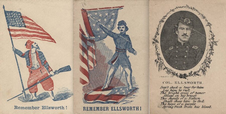 Though he had been killed before the war's first major land battle was fought, Ellsworth's death had a significant impact by galvanizing the northern populace. Shown here (above and below) is artwork from patriotic envelopes published during the war that used Ellsworth as a rallying cry. (Both South Caroliniana Library)
