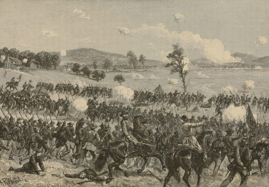 "Battle of Lay's Ferry. Near Calhoun, Ga., on the Western & Atlantic Railroad. May 15, 1864. Jackson's brigade of Confederates assaulting the greater part of Sweeny's division of Dodge's corps."