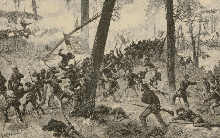 "Battle of Pickett's Mill—First Volley from the Confederates. Near New Hope Church, west of the Western & Atlantic Railroad. May 27, 1864."