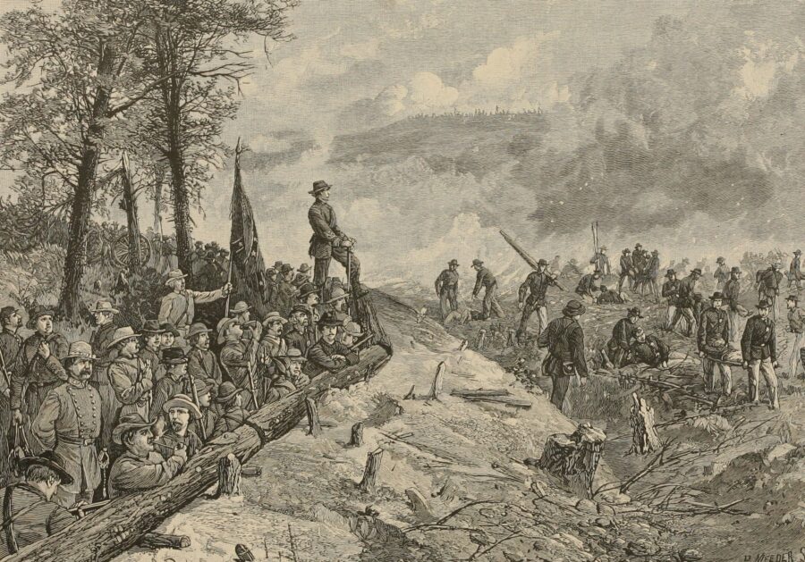 "The Truce in the Midst of the Battle of Kennesaw Mountain. On the line of the Western & Atlantic Railroad, near Marietta, Ga. June 7, 1864. The Confederates and Federals rescuing the Federal wounded from the burning timber."