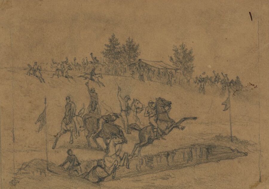 Horse jumping in the camp of the Irish Brigade on St. Patrick's Day in 1863