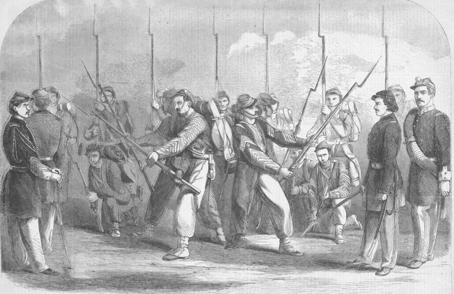 Ellsworth (standing second from right in this illustration from Harper's Weekly) earned fame as the head of his military drill team, the United States Cadets, or the Chicago Zouaves. After a performance in New York in July 1860, the editors of Harper's Weekly published this image and wrote of the group, "[T]heir drill, their evolutions, their dash and elan are peculiarly their own, and have aroused the enthusiasm of all our military men." (Harper's Weekly)