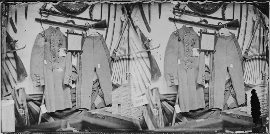 The North's fascination with Ellsworth survived his death. Shown here is a wartime display of the uniform Ellsworth was wearing when he was killed, the effect of the fatal shotgun blast to his chest evident by the large hole in the coat. (National Archives)