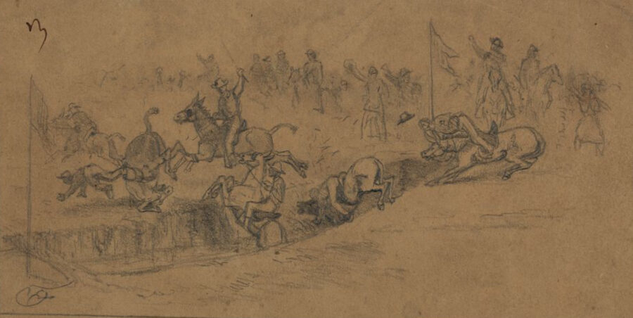 A mule race in the camp of the Irish Brigade on St. Patrick's Day in 1863