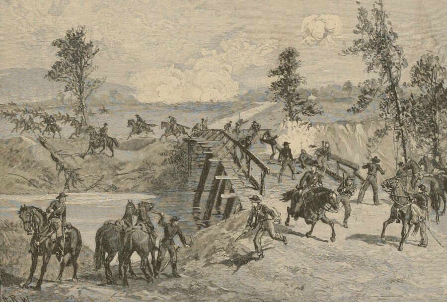"The First Gun at Chickamauga, September 18, 1863. The Confederates opening fire upon the Federal cavalry, who had begun the destruction of Reed's Bridge."