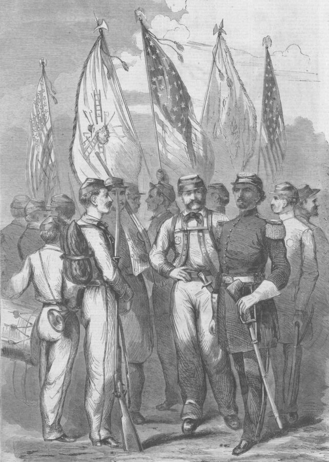 After the firing on Fort Sumter, Ellsworth raised—and commanded—the 11th New York Infantry (known as the "Fire Zouaves") from the ranks of New York City's volunteer firefighting companies. Harper's Weekly published this illustration, along with a profile of Ellsworth and the men of the 11th New York, in its May 18, 1861, issue. (Harper's Weekly)