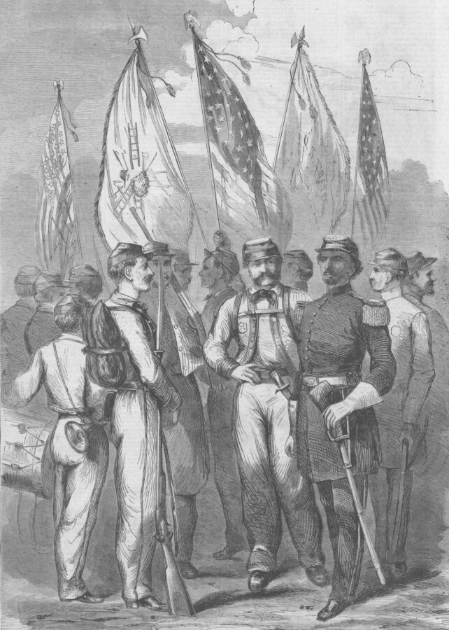 After the firing on Fort Sumter, Ellsworth raised—and commanded—the 11th New York Infantry (known as the "Fire Zouaves") from the ranks of New York City's volunteer firefighting companies. Harper's Weekly published this illustration, along with a profile of Ellsworth and the men of the 11th New York, in its May 18, 1861, issue. (Harper's Weekly)