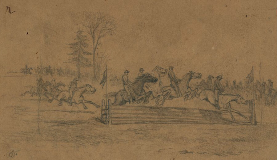 Participants jump a five-foot-tall hurdle as part of the competition that took place on St. Patrick's Day in the camp of the Irish Brigade in 1863.