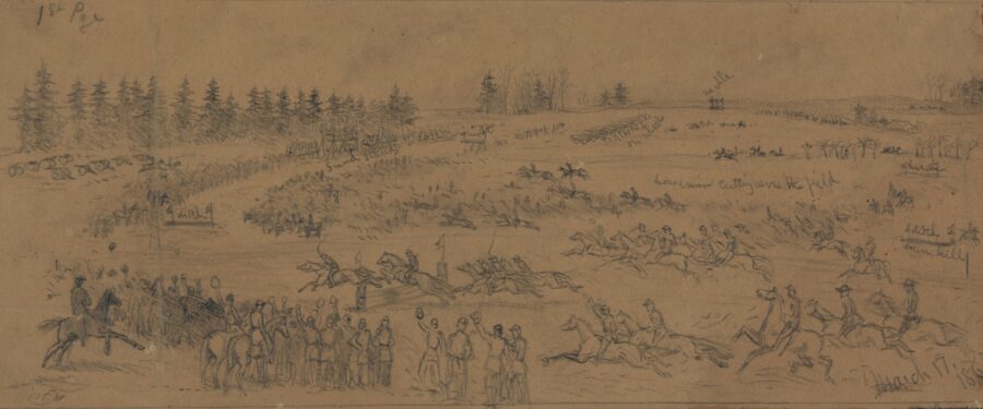 Crowds of soldiers and civilians cheer on the participants in the steeplechase on St. Patrick's day 1863 in the camp of the Irish Brigade.