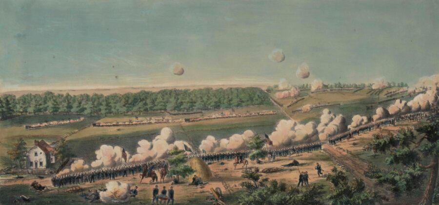 Advancing Union forces enjoyed success early in the battle, pushing Confederates from their position on Matthews Hill southward, to Henry House Hill. Among the troops that forced the Confederates back were those commanded by Ambrose Burnside, whose men are shown in action in this color lithograph. (Anne SK Brown Military Collection)