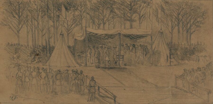 General Thomas Frances Meagher hands out prizes at the end of the St. Patrick's Day festivities in 1863 held in the camp of the Irish Brigade. 