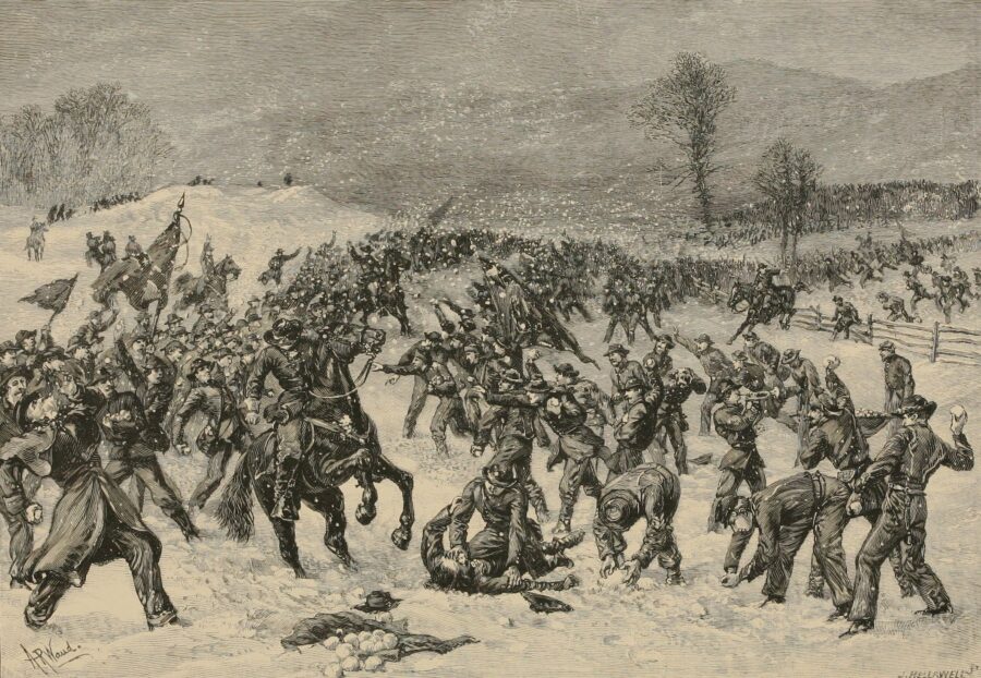 "The Snow-Ball Battle. On the line of the Western & Atlantic Railroad, near Dalton, Georgia. March 22, 1864. A grand mock battle between several divisions of Confederate soldiers."