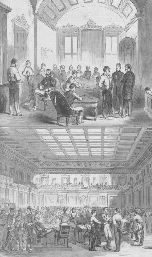 Press coverage of Ellsworth and his Fire Zouaves remained strong during the war's early weeks. To satisfy their readers' interest in the young celebrity and his men, Harper's Weekly published illustrations of Ellsworth's headquarters at the Capitol (top) and of the 11th New York's temporary quarters at the House of Representatives (bottom). (Harper's Weekly)