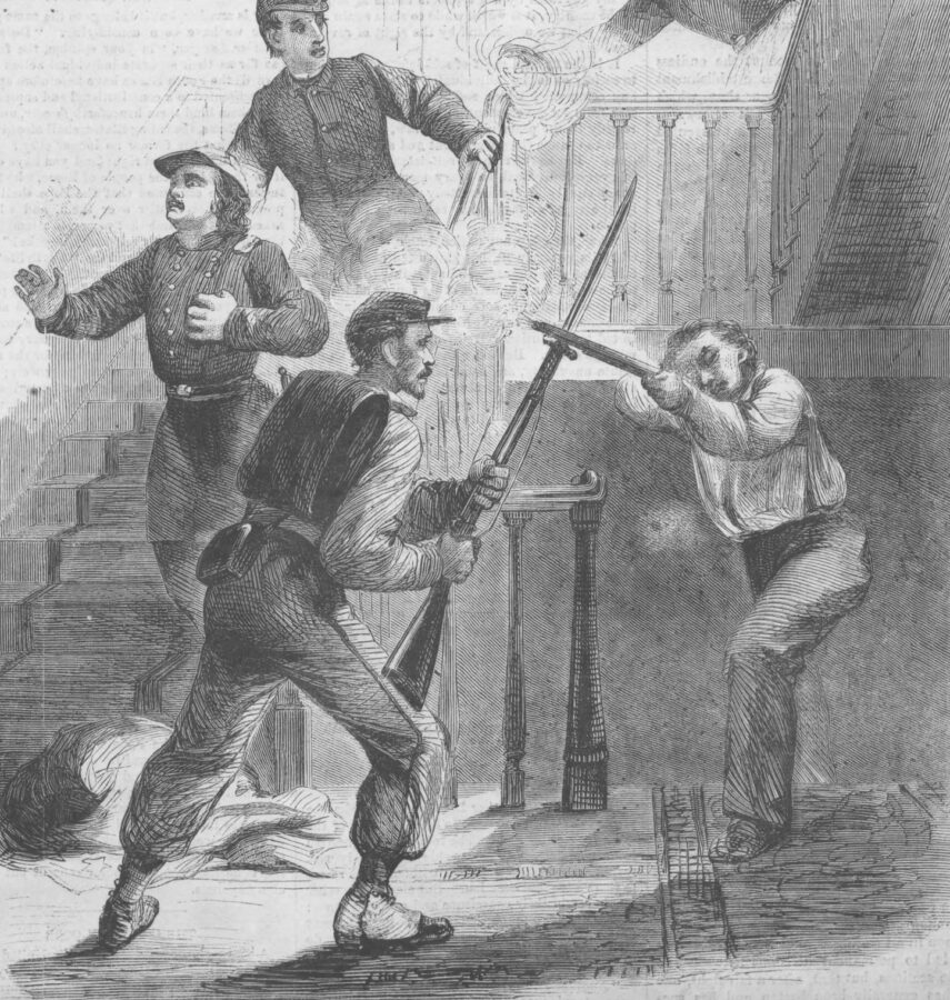 On June 15, 1861, Harper's Weekly published this image of Ellworth's death on May 24 at the Marshall House alongide an article titled "The Murder of Ellsworth." One of the Fire Zouaves present at the time, Private Frances Brownell, is pictured in the foreground. Brownell instantly shot and killed the inn's proprietor, James Jackson, after the latter fired at Ellsworth. (Harper's Weekly)