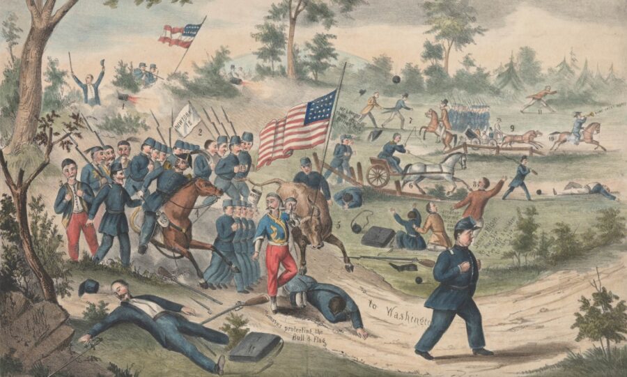 The retreating Union forces soon disintigrated into a disorganized mob—one that swept up many northern civilians who had previously arrived to view the battle from a distance—as it made its way toward the safety of Washington, D.C. The battle did not, as both sides had hoped before it began, bring a swift end to the war, which would rage for four years and costs hundreds of thousands of northern and southern lives. (Anne SK Brown Military Collection)