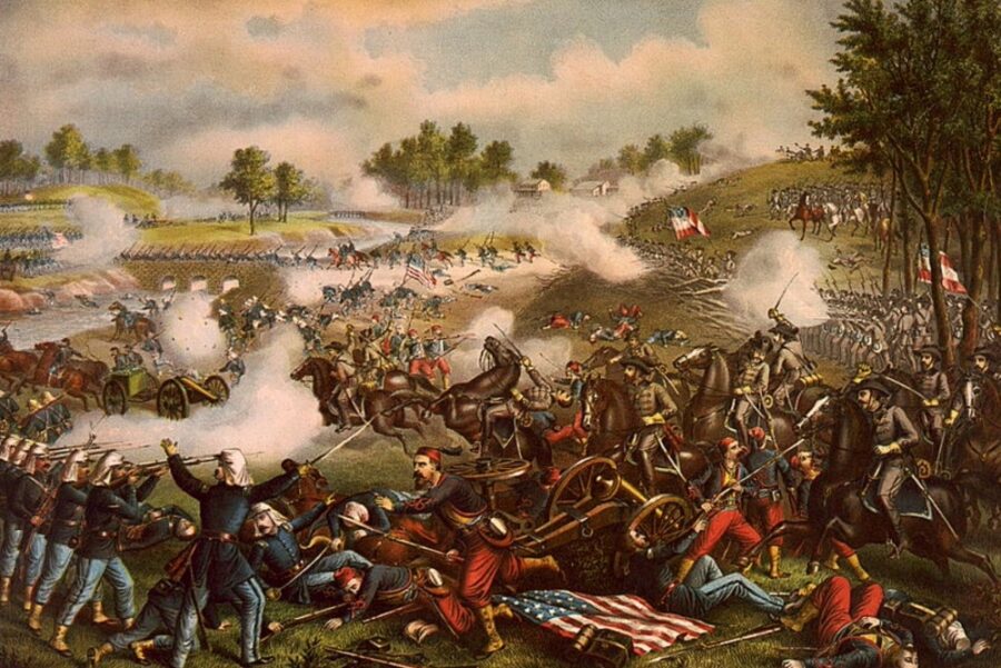 Advancing Union troops pressed the attack against the Confederates, sending more troops southward toward the heights of Henry House Hill, as depicted in this painting by Kurz &amp; Allison. (Library of Congress)