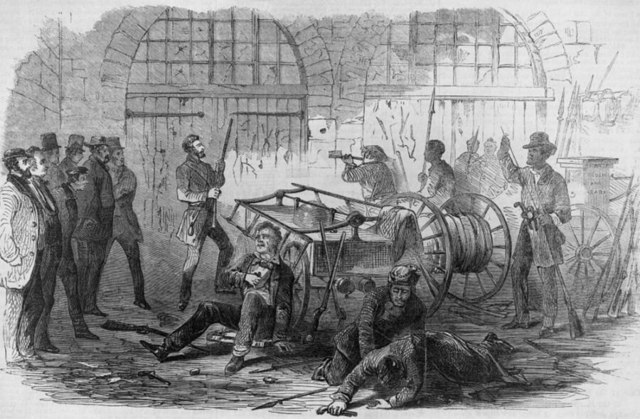 John Brown and his raiders fight it out in the engine house as a group of prisoners they had taken in town stand at left