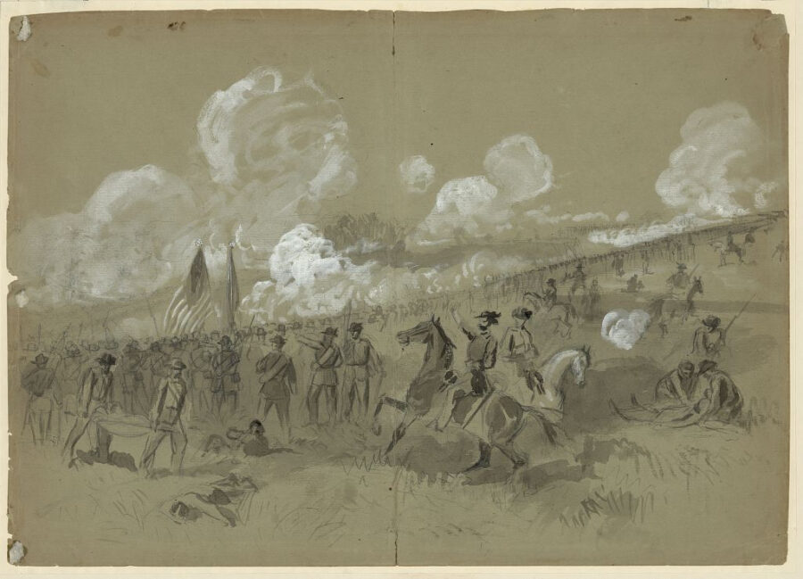 Artist Alfred Waud captured Burnisde's men in action in this sketch made at the time of the fighting. (Library of Congress)