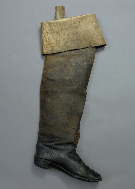 A boot worn by Booth on the night of the assassination. It was cut and removed by Dr. Samuel A. Mudd the next day when he treated the assassin's injured leg.
