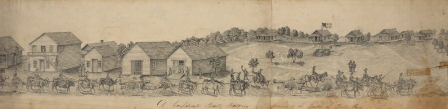 An unknown artist made this sketch of a Confederate artillery battery leaving camp to move into position before the battle. (Library of Congress)