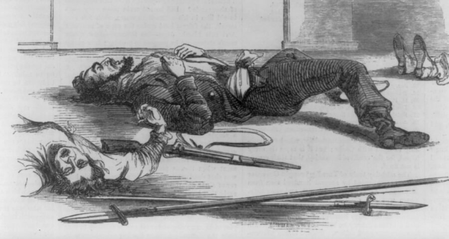 Harper's Weekly illustrated this sketch of the aftermath of the fighting with the following caption: "Brown, his son, and other of the outlaws awaiting examination."  