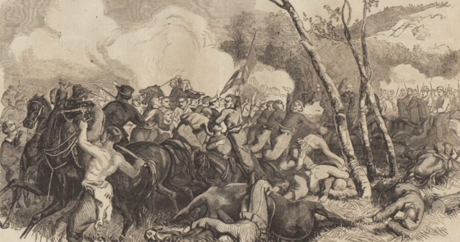 A turning point in the afternoon's fighting occurred when Confederate infantry and cavalry attacked Union artillerists positioned at the southern end of the Union line, which were guarded in part by the 11th New York Infantry, Elmer Ellsworth's famous unit of "Fire Zouaves." (Anne SK Brown Military Collection)