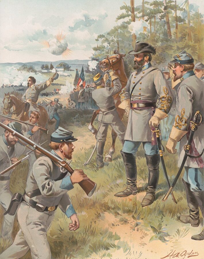 Around noon, Confederate reinforcements under Thomas J. Jackson fortified the heights of Henry House Hill. For his subsequent conduct at the battle, Jackson would earn the sobriquet "Stonewall." Jackson is depicted here surveying the battle in a painting by H.A. Ogden. (Library of Congress)