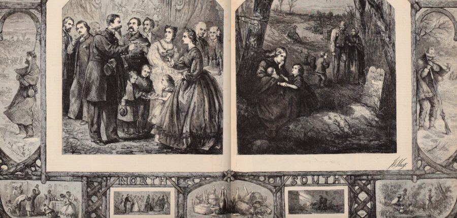 Illustrator Thomas Nast created this depiction of the celebration of New Year's Eve 1864 in the North (left) and South. (Harper's Weekly)