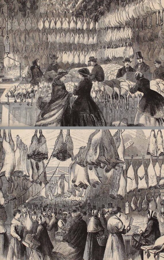 New Yorkers shop for chicken and beef at Washington Market in preparation for Chrismas celebrations in 1865. (Harper's Weekly)