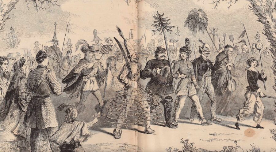 Soldiers and civilians participate in holiday festivities held in the camp of the 44th New York Infantry in December 1861. (Frank Leslie's Illustrated Newspaper)