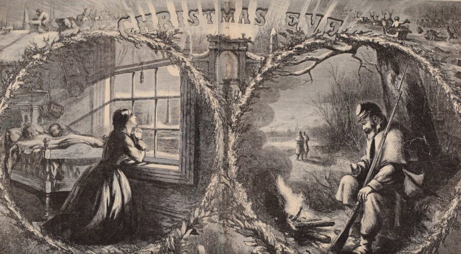 A husband and wife separated by the war spend a somber Chrismas Eve in 1862. (Harper's Weekly)