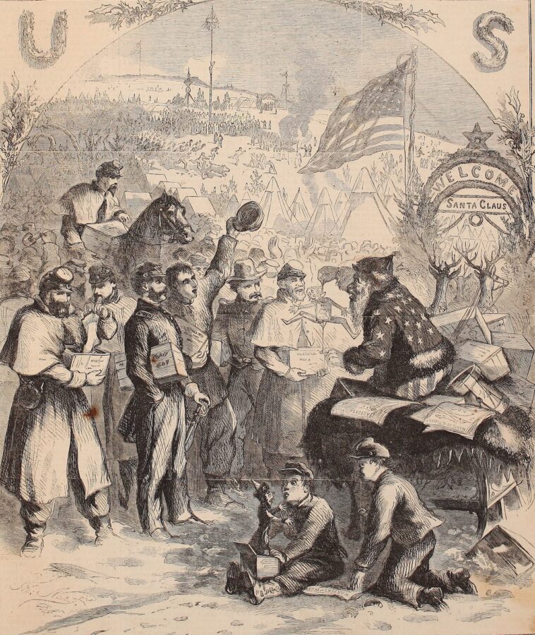 In this illustration from an issue of Harper's Weekly in January 1863, Santa Claus distributes presents in a Union army camp. "Children, you mustn't think that Santa Claus comes to you alone," noted an accompanying article. (Harper's Weekly)