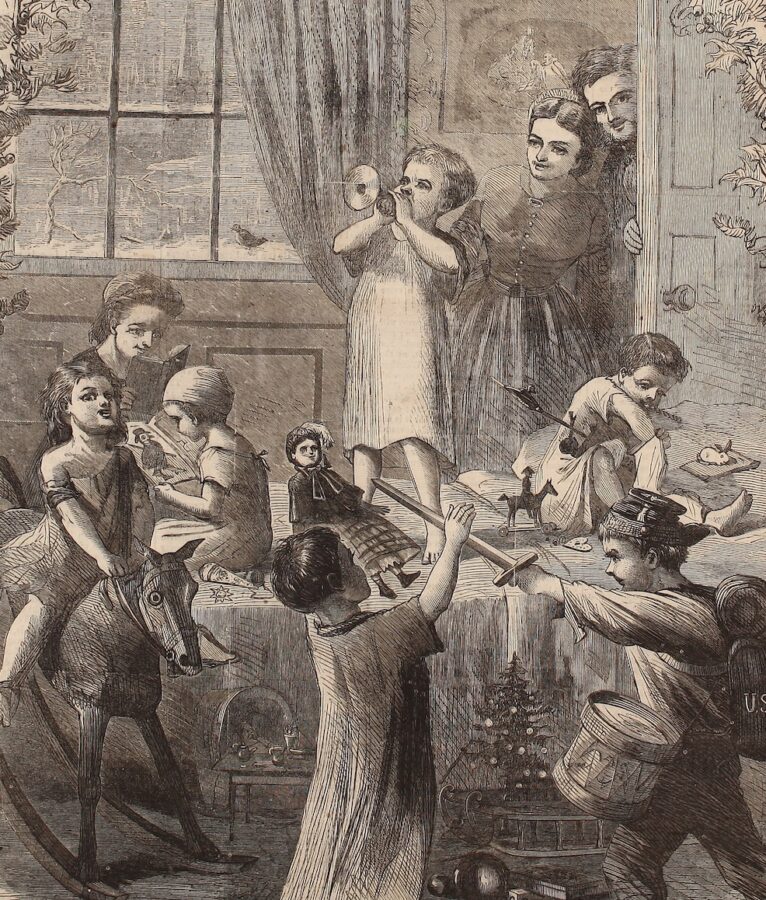 Children open gifts on Christmas morning in 1864. (Harper's Weekly)