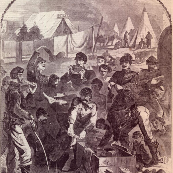 Union soldiers open Christmas presents in camp in a sketch by Winslow Homer.