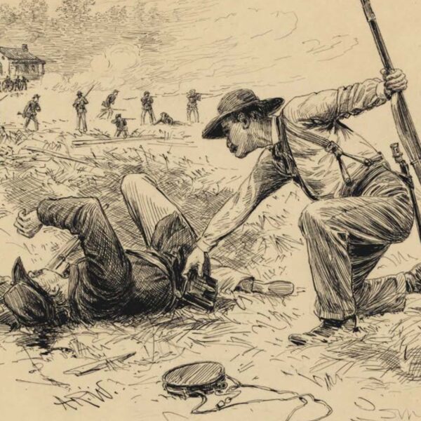 A soldier looks for a cartridge on the body of a dead comrade in a Civil War illustration