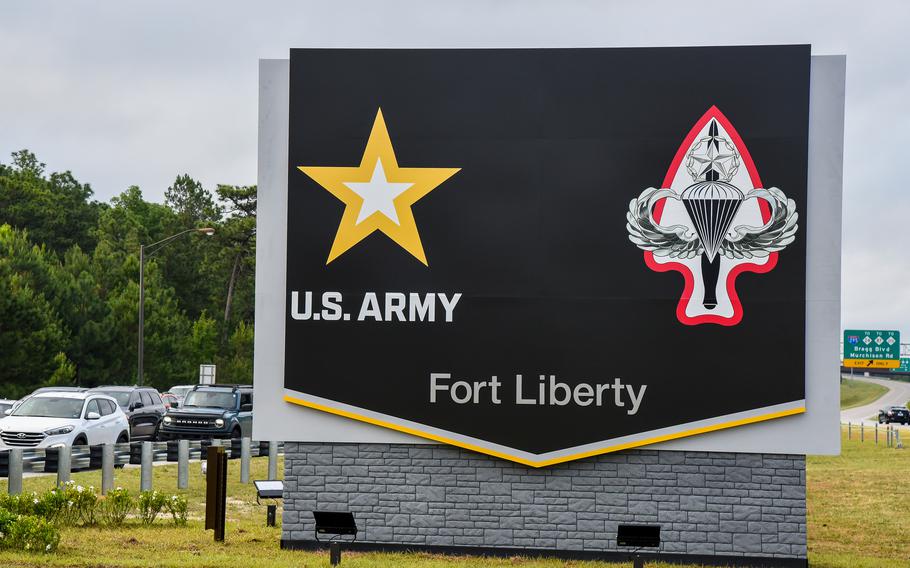 The main gate sign at Fort Liberty—formerly Fort Bragg—in North Carolina