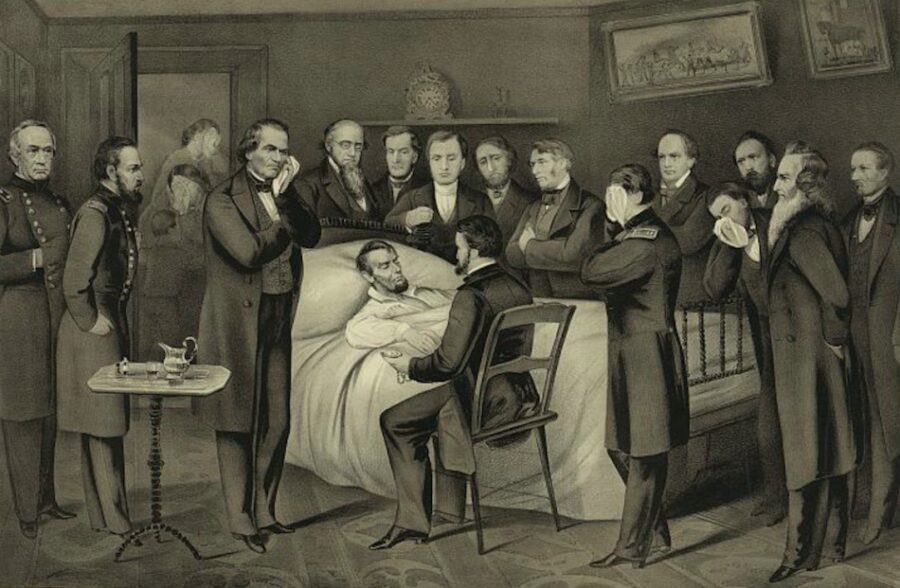 “The Death Bed of the Martyr President Abraham Lincoln” depicts the scene around Lincoln’s deathbed, where he would pass away during the morning of March 15. Surrounding him are a number of prominent people, including General Henry Halleck, Vice President Andrew Johnson, Secretary of War Edwin Stanton, Captain Robert Lincoln, and Navy Secretary Gideon Welles.