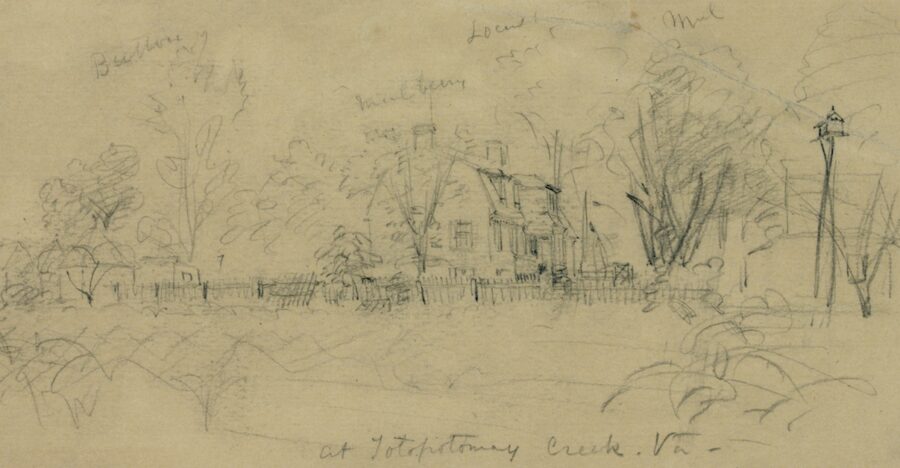 A few days later, the opposing armies left the North Anna behind and moved to the area northeast of Richmond. Lee took up a strong position behind Totopotomoy Creek. Both sides launched assaults on May 30, and while each attacking force produced some success, both lines held. This sketch by Alfred Waud shows General Winfield Scott Hancock’s temporary headquarters, the Shelton House, which was struck by more than 50 Confederate projectiles. The structure is now under the care of the National Park Service; the damage is still visible today.