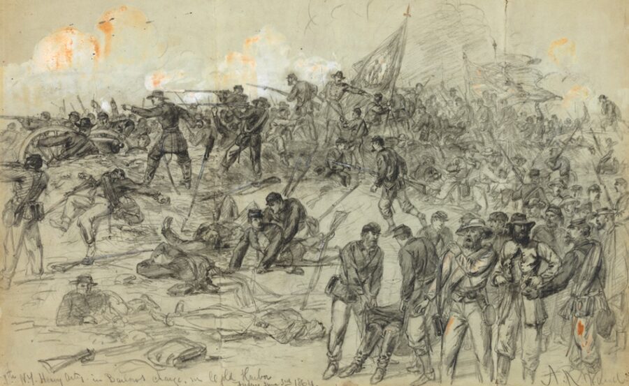 As he had done for the entire campaign, Grant continued to move by the left flank, which brought the armies back to the 1862 battlefield at Gaines’ Mill, near Cold Harbor. Fighting quickly erupted and climaxed with costly Union attacks on June 3. Here, Waud depicts heavy artillerymen of the Union II Corps during the bloody fight. The assaults at Cold Harbor gained Grant nothing.