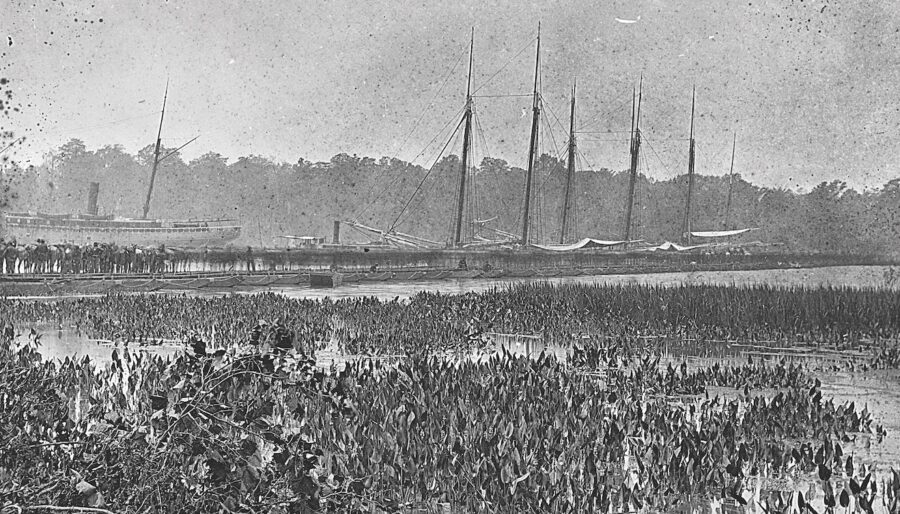 Grant’s decision to cross the James River and move southward toward Petersburg—a key rail center 20 miles south of Richmond—effectively ended the Overland Campaign. Lee was still unsure of Grant’s intentions even as Union engineers accomplished the incredible feat of constructing a 2,000-foot pontoon bridge over the wide waterway. Here, the bridge is crammed with Union soldiers marching toward an unknown fate.