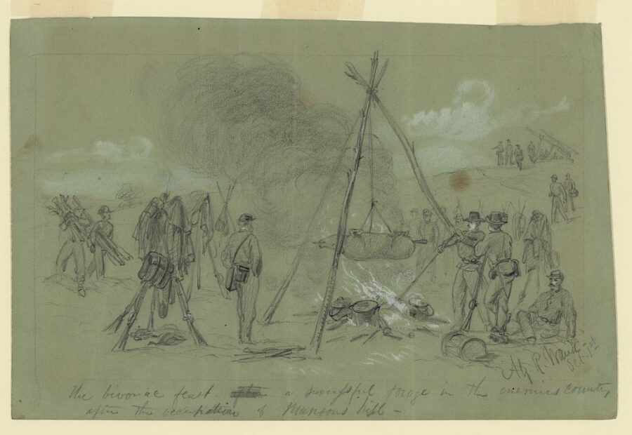 Union soldiers feast after a successful forage in the enemy country during the war's early months in this sketch by Alfred Waud.