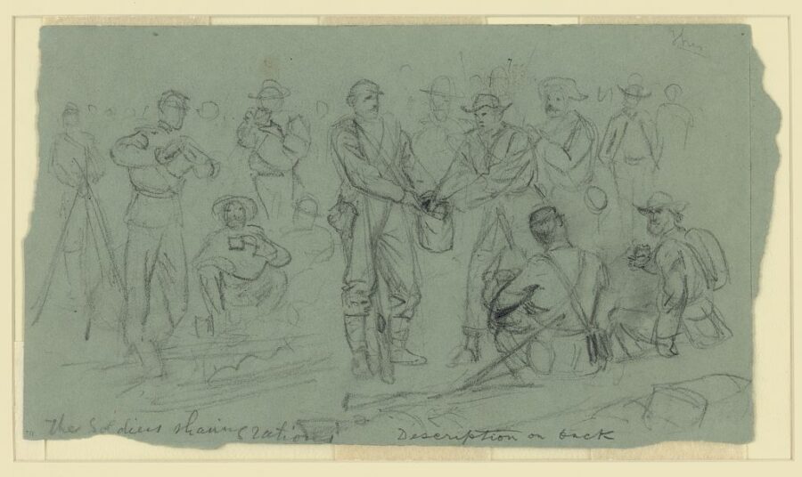 Artist Alfred Waud captioned this sketch, which he titled "The Soldiers Sharing Rations," of men of the Army of Northern Virginia who surrendered in April 1865: "The rebel soldiers were entirely without food and our men shared coffee and rations with them."