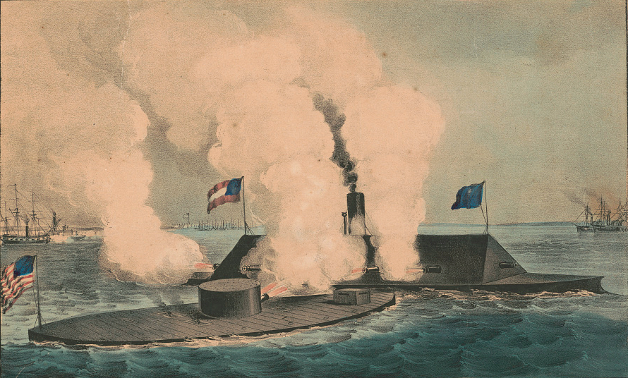 Currier & Ives' 1862 lithograph of the “terrific combat” between the ironclads at Hampton Roads shows, per the title, the engagement “in which the little ‘Monitor’ whipped ‘Merrimac.’”