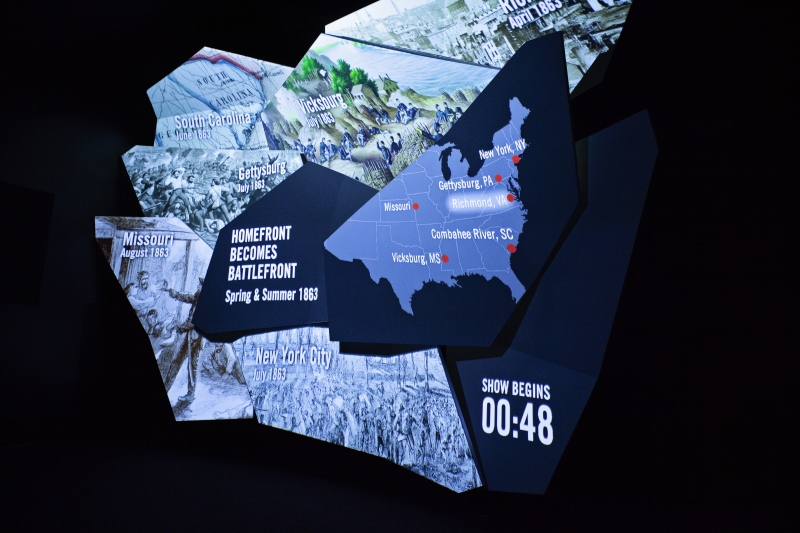 Visitors can enter a theater stylized after the Mississippi River bluff at Vicksburg and watch a narrative program projected onto a fractured geometric screen, which alludes to the fractured feeling the fighting caused among the nation’s civilians and soldiers.  