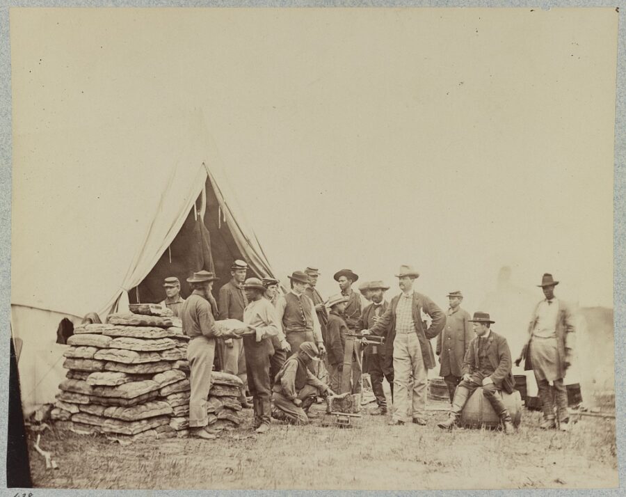 Timothy O'Sullivan took this photo of the commissary tent at the headquarters of the Army of the Potomac, near Fairfax Court House, Virginia, in June 1863.