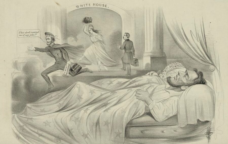 This print, also produced in the run-up to the 1864 election, plays off of Lincoln’s belief in the prophetic importance of dreams. In it, a sleeping Lincoln is tormented by a nightmare of his defeat at the polls. A woman—representing either Columbia or Liberty—stands at the door of the White House waving the severed head of a black man. Lincoln, dressed in a Scottish cap—runs away as George B. McClellan, his Democratic opponent, walks up the White House steps. In the end, Lincoln would defeat McClellan handily, receiving 55 to his opponent’s 45 percent of the popular vote.